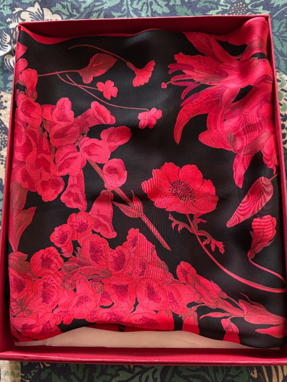 Red and Black Silk Valentino Floral Scarf in Original Box
